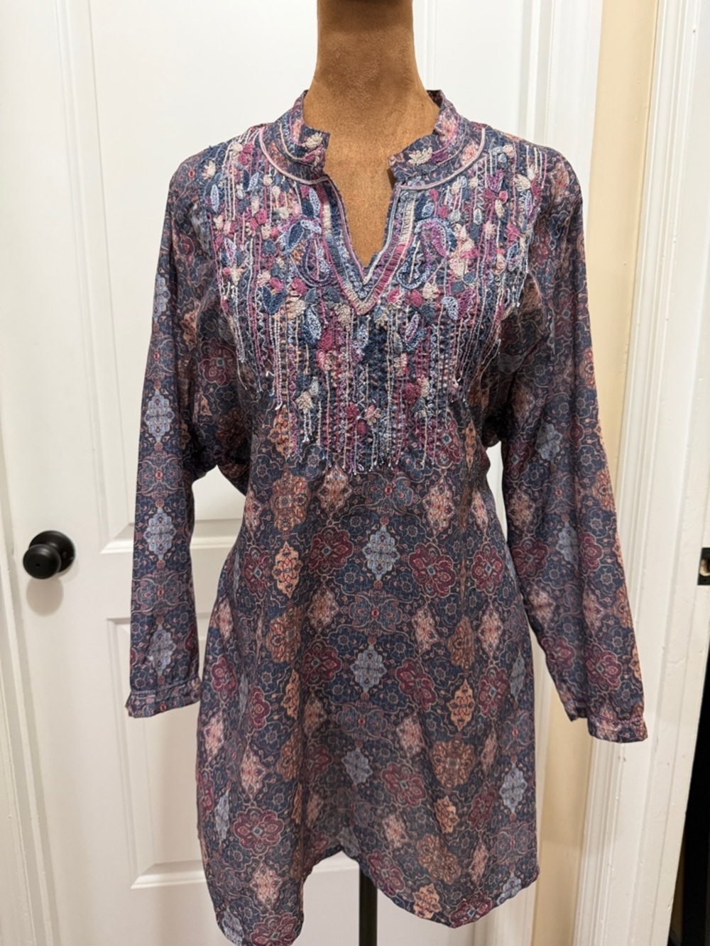 V Christina Embroidered V-Neck Boho Tunic in Shade of Blue Purple and Pink